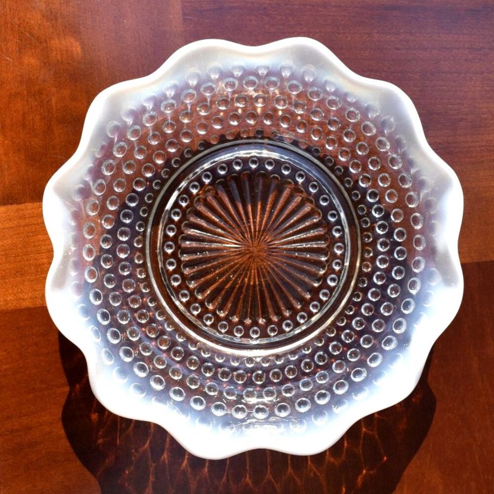 Vintage Opalescent Hobnail Bowl Ruffled Edge Moonstone Glass Mid Century